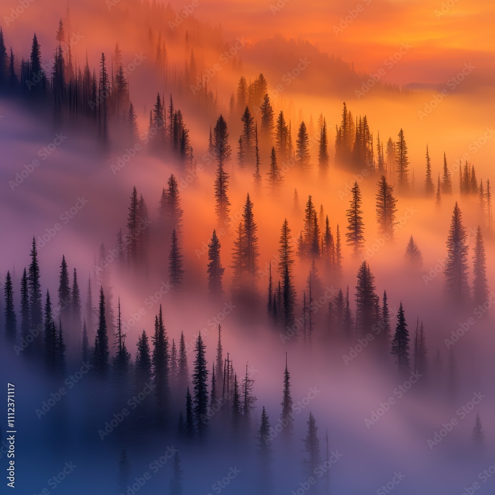 Enchanting Sunset Over Misty Mountain Forest Enchanting Sunset Over Misty Mountain Forest