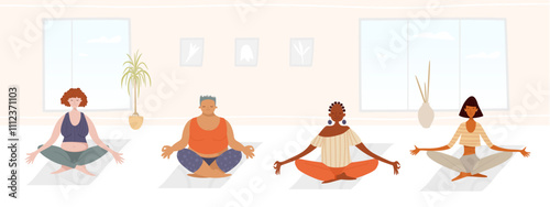 ПечатьHealth-management and self-care routine concept, vector illustration. Different women in lotus yoga pose feeling balance and Inner peace.