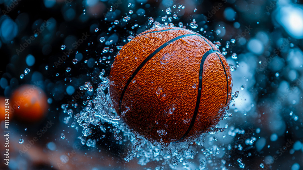 A basketball leaps through water, sending droplets flying in all directions, highlighting the energy and excitement of the sport on a bright day A basketball leaps through water, sending droplets flying in all directions, highlighting the energy and excitement of the sport on a bright day
