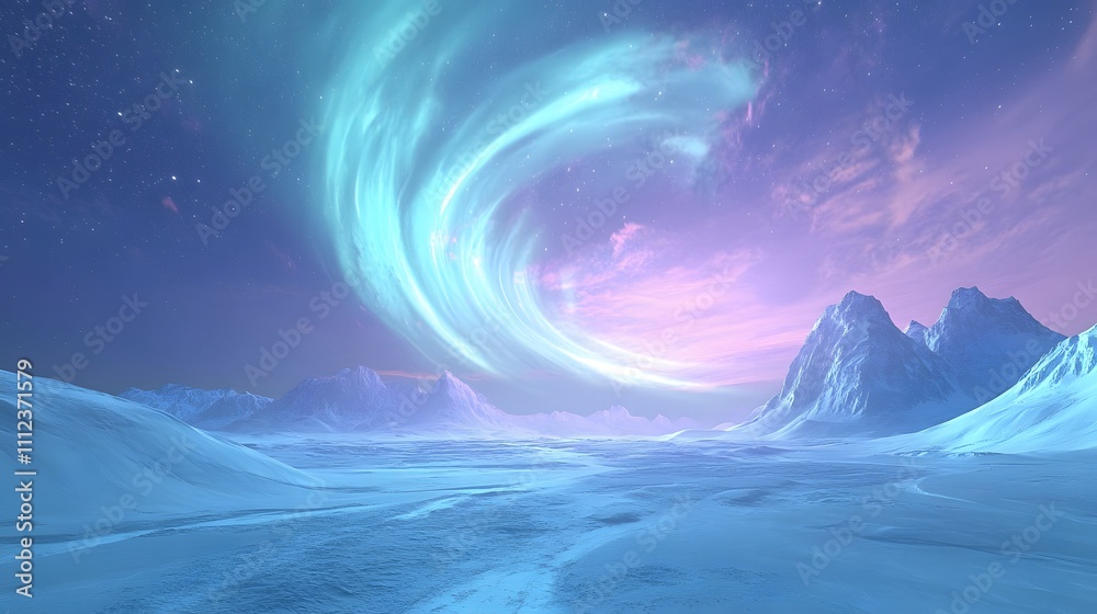 A glowing aurora borealis swirling over a frozen tundra, with snow-covered ground and distant mountain peaks under a starry sky A glowing aurora borealis swirling over a frozen tundra, with snow-covered ground and distant mountain peaks under a starry sky