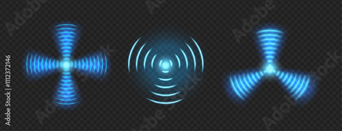 Vibration or wave signals, isolated realistic blue lights with circular shape. Vector wifi connection or radio frequency. Monitoring and scanning, detecting range or impact. Radius disks