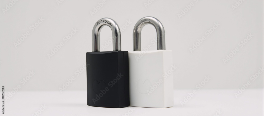 Fototapeta premium Two contrasting padlocks black white against a minimalist white backdrop representing safety and defense