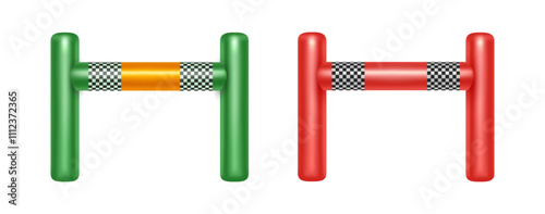 Finish inflatable race arch for challenge or sports tournament. Vector realistic set of gates for winner. Inflated balloon with flag, completing marathon or competition, square entrance