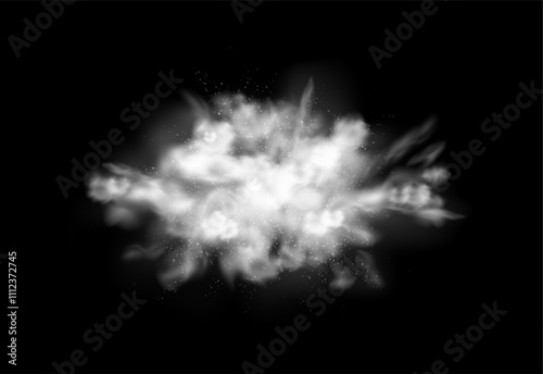 Powder splash with white pieces and particles. Vector isolated realistic burst of dust or sand. Freeze moment of flour throw, festival dye or holi paint. Artistic effect of blast or explosion