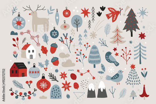 Christmas set - deer, ball, bauble, fir tree, bird, house, garland, berry, snowflake, star, mountain, leaves on white background. Perfect for winter greeting cards, decorations. Vector illustration