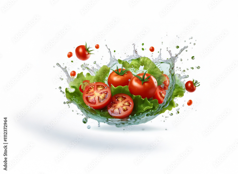 Vibrant red tomatoes and crisp lettuce leaves suspended in a refreshing water splash, showcasing their juicy freshness against a clean white background. Vibrant red tomatoes and crisp lettuce leaves suspended in a refreshing water splash, showcasing their juicy freshness against a clean white background.