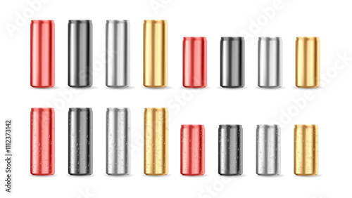 Aluminum or metal container, can bottle for drinks. Vector illustration of steel bottles for beer or cold water or juice drinks. Package for beverages, liquid products packaging mockup template