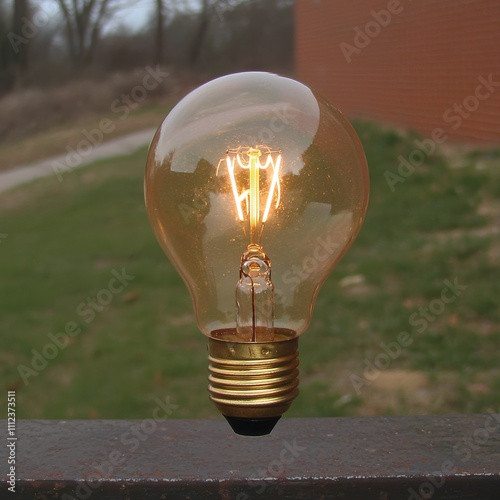 Glowing Amber Edison Style Light Bulb on Metal Railing