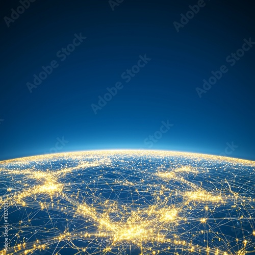 Global network connections illuminating the Earth at night.