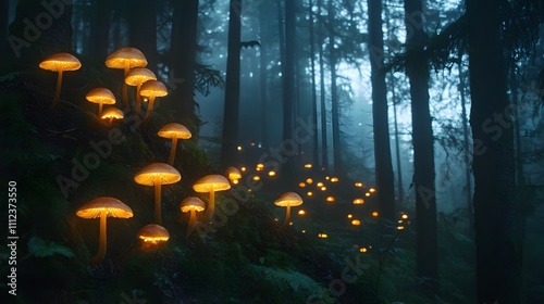 A magical forest filled with glowing mushrooms and soft, ethereal light filtering through dense trees at twilight photo