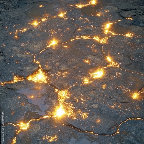 Glowing Cracks in Dark Earth Surface at Night