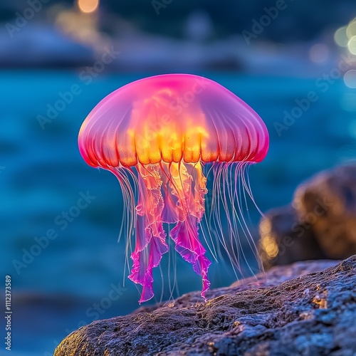 Glowing pink jellyfish on a rock at night near ocean.