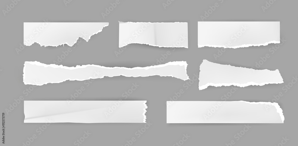 Torn or ripped paper sheets set. Vector scrapbook edge, notebook tear or blank page split. Cutout of document, border fragments or pieces from document or newspaper. Shred scraps of notes Torn or ripped paper sheets set. Vector scrapbook edge, notebook tear or blank page split. Cutout of document, border fragments or pieces from document or newspaper. Shred scraps of notes