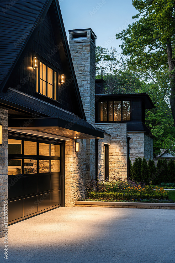 A modern farmhouse-style garage with black trim and a stone exterior, situated in an upscale suburban neighborhood, at dusk with ambient lighting from the windows, showcasing clean lines. A modern farmhouse-style garage with black trim and a stone exterior, situated in an upscale suburban neighborhood, at dusk with ambient lighting from the windows, showcasing clean lines.