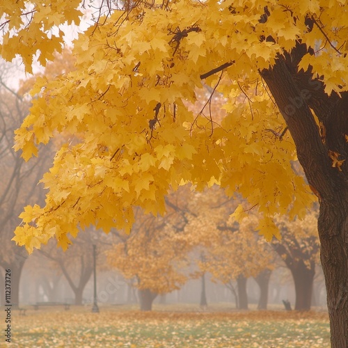 Golden Autumn Leaves in a Misty Park Landscape