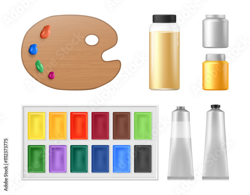 Painting hobby equipment, isolated realistic wooden palette with pigments. Vector tubes and bottles with paints for drawing. Creativity and art kit for painters and artists, oil or gouache