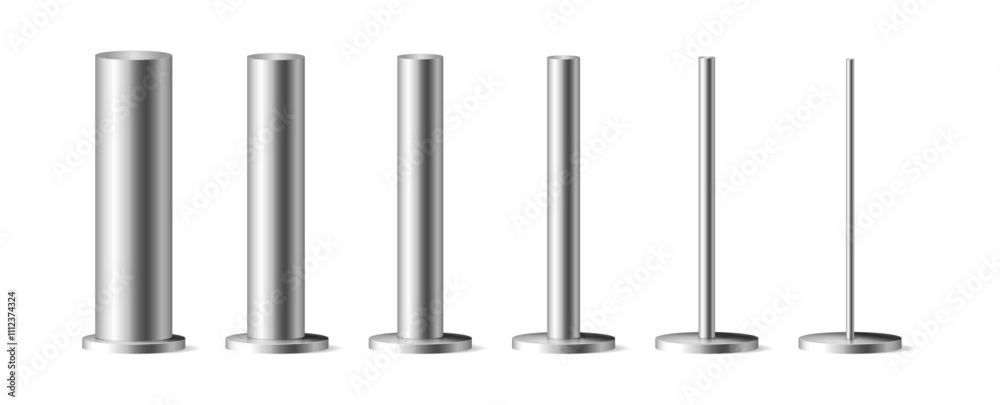 Billboard or advertising banner mount, isolated set of silver holders. Vector realistic glossy metal poles or pipes, iron or chrome round structure for building and construction, architecture Billboard or advertising banner mount, isolated set of silver holders. Vector realistic glossy metal poles or pipes, iron or chrome round structure for building and construction, architecture