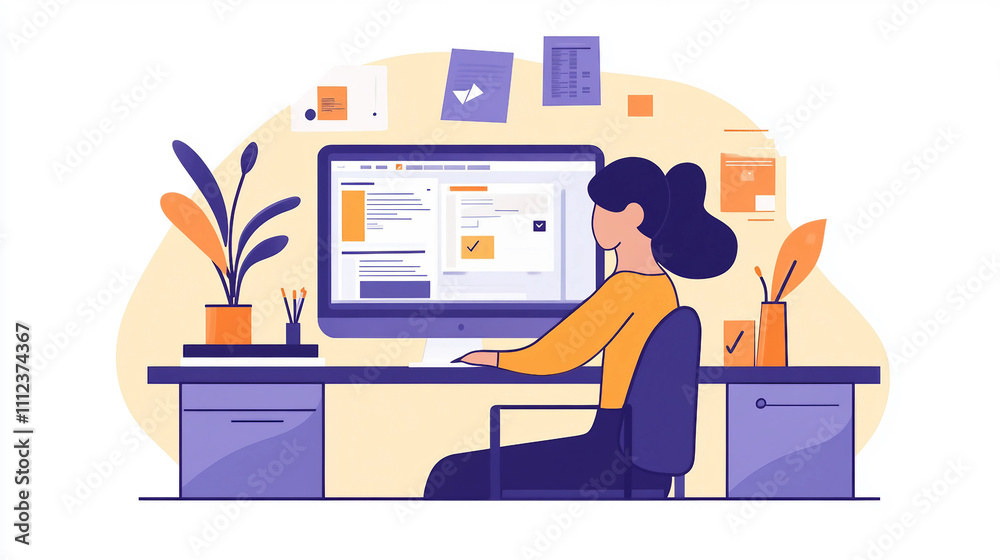 person working on computer, computer, office, ilustration person working on computer, computer, office, ilustration