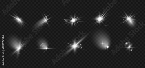 Glitter effect, photography camera flame on lens. Vector isolated set of flashing and beaming lights, star sparkles or twinkles. Rays and glares collection, shimmering and burst of rays
