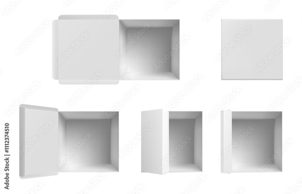 Delivery boxes mockup, isolated closed and open cardboard parcels. Vector realistic set of empty packaging for orders and shipments. Top view of postal goods and mail service containers Delivery boxes mockup, isolated closed and open cardboard parcels. Vector realistic set of empty packaging for orders and shipments. Top view of postal goods and mail service containers