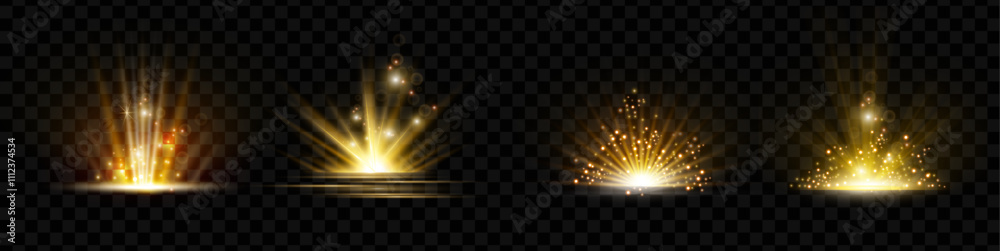 Obraz premium Horizontal burst effect with ray and golden flying powder. Vector isolated set of explosions and bursts, sparkles and energy discharge, beam of light and illumination. Magic and game design