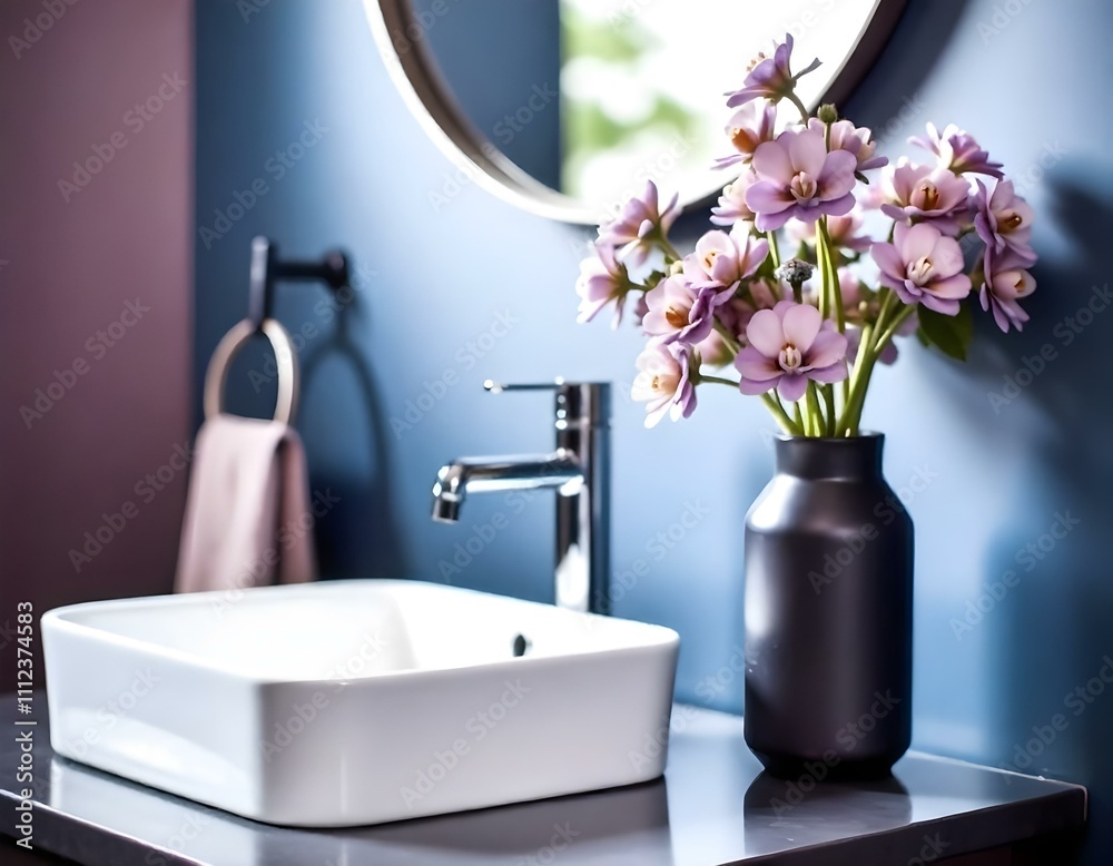 A modern bathroom vanity with a black ceramic sink, a black faucet, and a vase of blue flowers on the counter. The background features a dark blue wall and a mirror. A modern bathroom vanity with a black ceramic sink, a black faucet, and a vase of blue flowers on the counter. The background features a dark blue wall and a mirror.