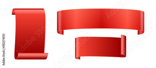 Paper or silk ribbons collection, isolated banners for sale in form of scroll. Vector badges and labels for message or announcement, horizontal and vertical advertisement for new product