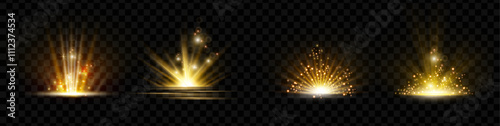 Horizontal burst effect with ray and golden flying powder. Vector isolated set of explosions and bursts, sparkles and energy discharge, beam of light and illumination. Magic and game design