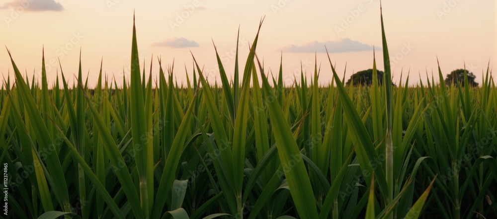 Fototapeta premium Vibrant sunset photograph showcases sustainable agriculture in sugarcane fields