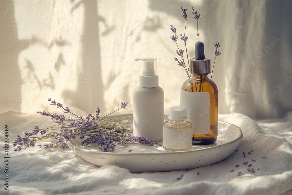 A serene display of natural skincare products with lavender accents on a soft fabric backdrop in warm, ambient light A serene display of natural skincare products with lavender accents on a soft fabric backdrop in warm, ambient light