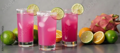 Three cocktail glasses adorned with lime dragon fruit and oranges as decorative accents containing a refreshing pink drink with salt-rimmed glasses photo