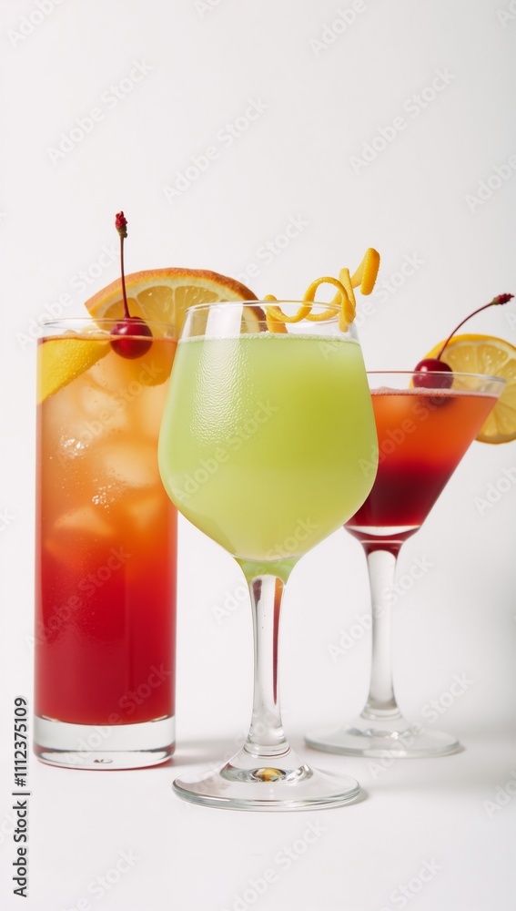 Vibrant cartoon-style cocktails adorned with fruit garnishes against a crisp white backdrop