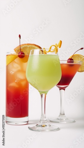 Obraz na płótnie Vibrant cartoon-style cocktails adorned with fruit garnishes against a crisp white backdrop w salonie