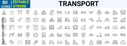 Transport web line icons. Containing car, bike, plane, train, bicycle, motorbike, bus and scooter. Editable stroke. Vector illustration