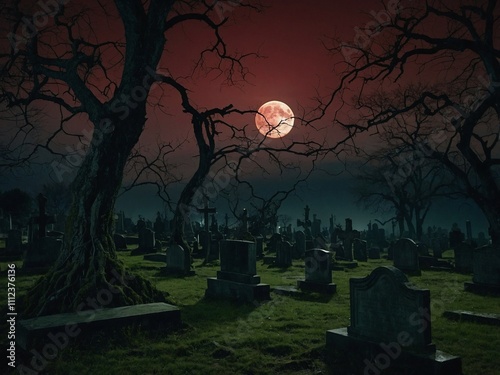 Haunting cemetery under a glowing full moon at night