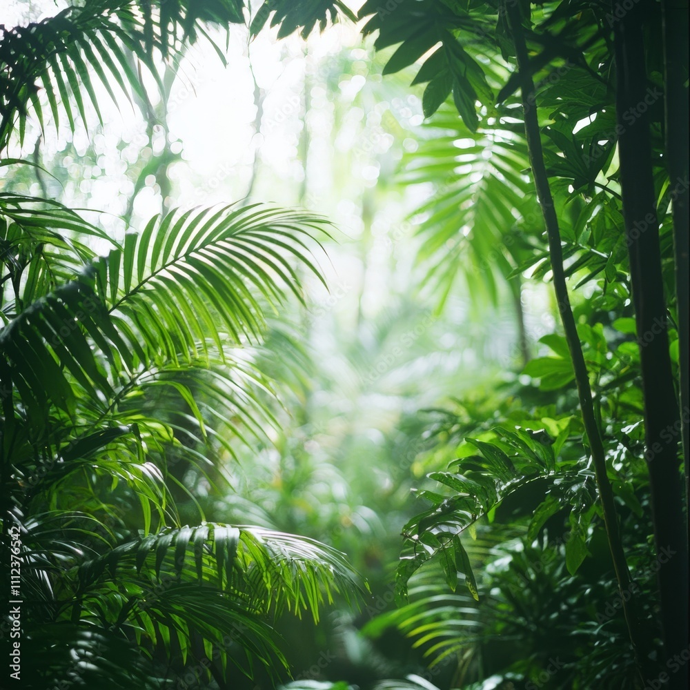 Obraz premium Lush Tropical Rainforest Canopy Sunlight Dappled Leaves