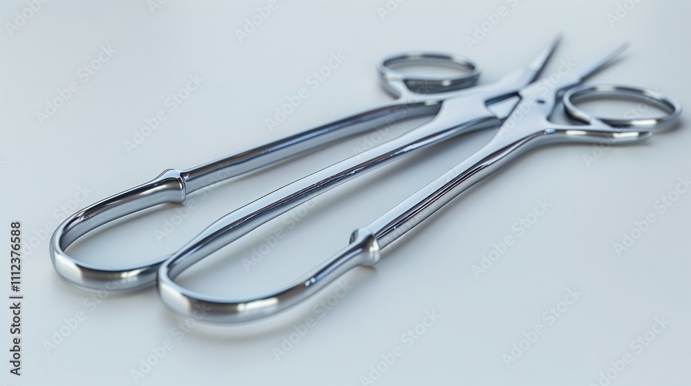 A set of surgical scissors and forceps, isolated on a white background with metallic reflections. A set of surgical scissors and forceps, isolated on a white background with metallic reflections.