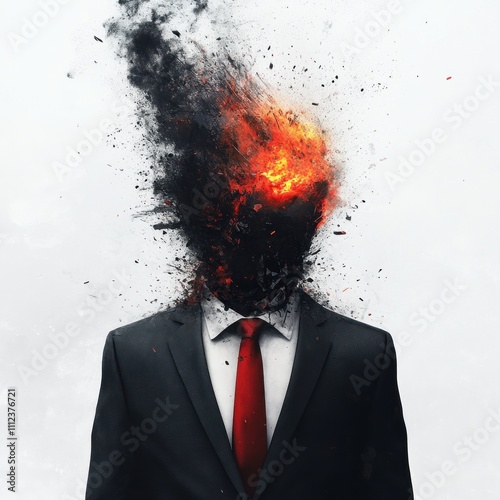 Businessman with fiery explosion head in suit