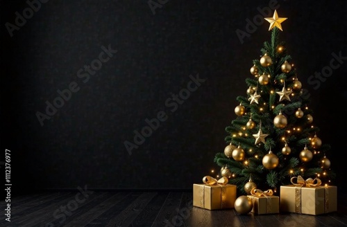 New Year banner with emty space for text Black Christmas tree golden Christmas ball and gift boxes in luxury elegant style. Luxury Minimal New Year greeting horizontal banner for web and social media