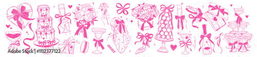 Coquettish wedding doodle icon set, vector hand drawn romantic anniversary illustration, cake, veil. Whimsical engagement holiday line graphic, champagne tower, bright bouquet. Party wedding doodle