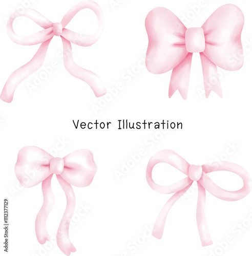 Set Cute Coquette Ribbon Double Bow in Preppy Aesthetic Vintage Watercolor Illustration