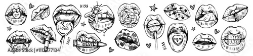 Hand drawn doodle lips vector set, sexy woman kiss grunge illustration, romantic valentine print. Female mouth, vampire teeth, tongue, trendy hot desire sticker, candy, pill. Doodle lips emo tattoo