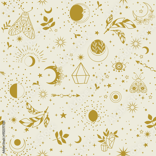 A seamless pattern of esoteric, astrological, and magical symbols.