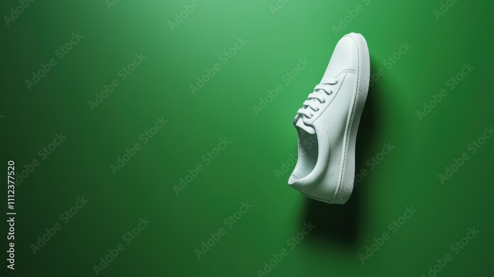 Minimalist white sneaker with a clean and modern design, showcased on a vibrant green background, highlighting its sleek contours and precise detailing in a contemporary style. Minimalist white sneaker with a clean and modern design, showcased on a vibrant green background, highlighting its sleek contours and precise detailing in a contemporary style.