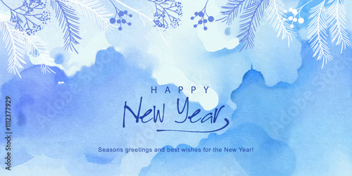 Happy New Year doodle style winter banner. Artistic watercolor background. Abstract Christmas background in blue tones