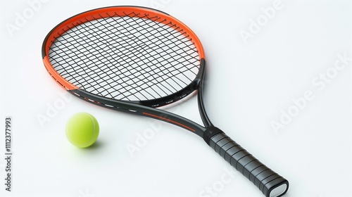 A tennis racket and ball isolated on a white background, with the strings clearly visible.