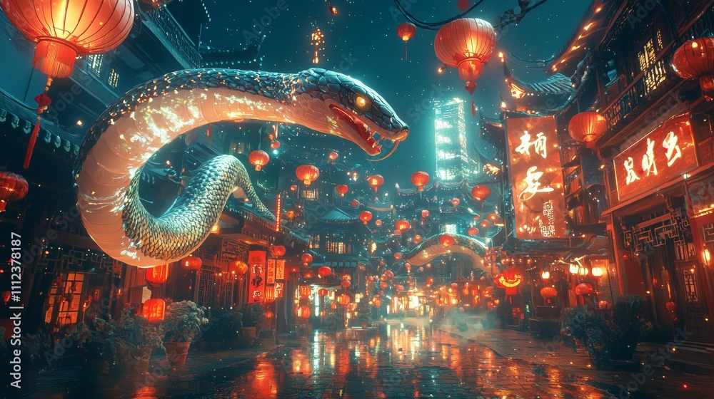 Fototapeta premium Enchanted Street with Glowing Snake and Lanterns