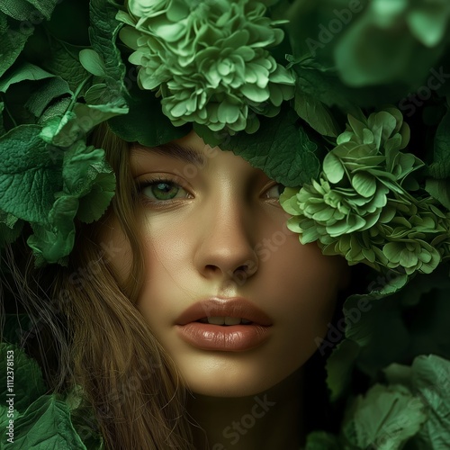 A captivating portrait of a person's face amidst lush green leaves, symbolizing beauty and nature.