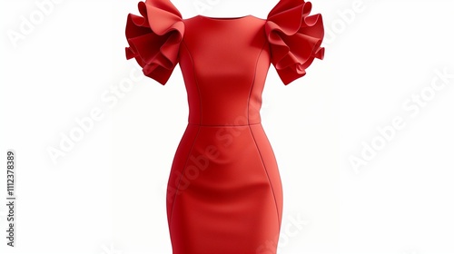 A vibrant red cocktail dress with ruffled sleeves, isolated on a white background, emphasizing the detailed fabric and flattering fit.