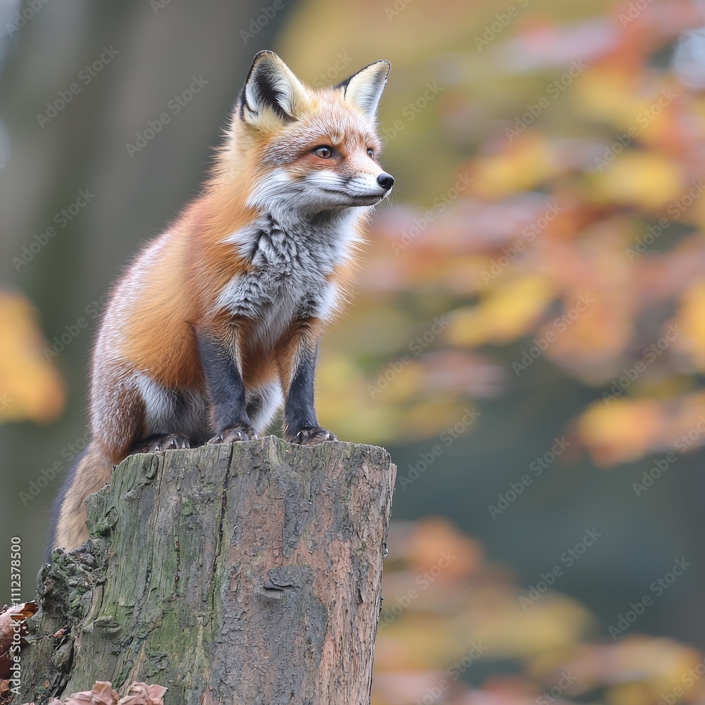 Naklejka premium Red Fox Perched on a Stump in Autumnal Woods